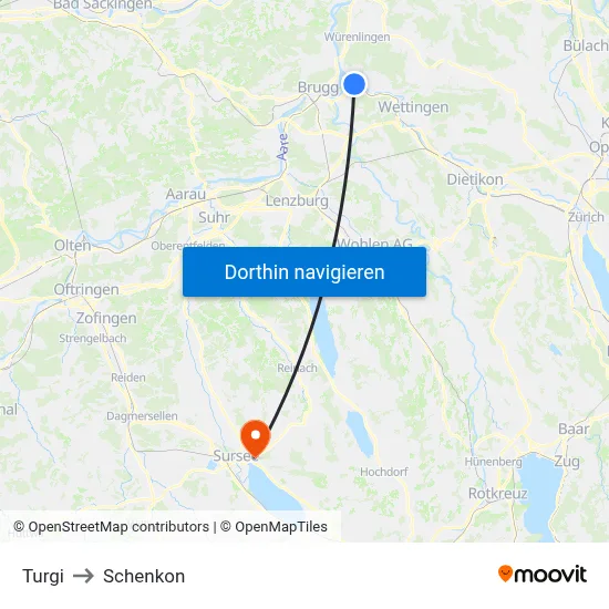 Turgi to Schenkon map