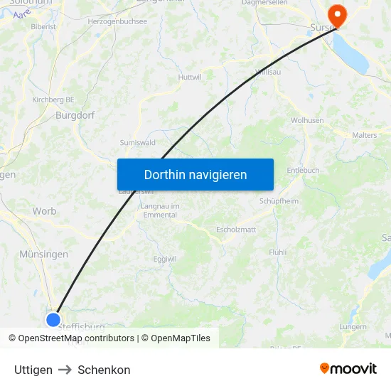 Uttigen to Schenkon map