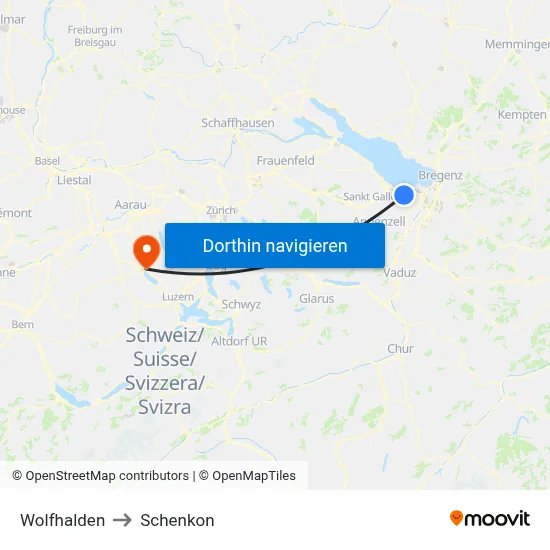 Wolfhalden to Schenkon map