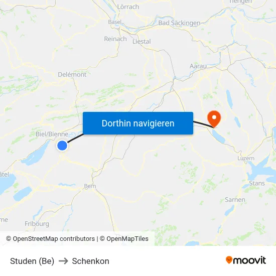 Studen (Be) to Schenkon map