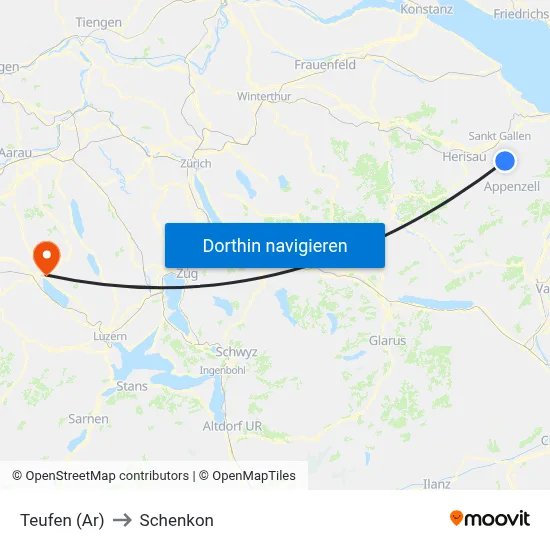 Teufen (Ar) to Schenkon map