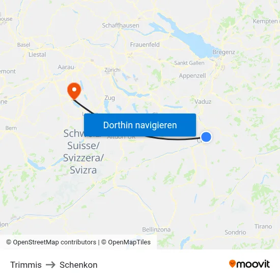 Trimmis to Schenkon map