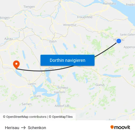 Herisau to Schenkon map