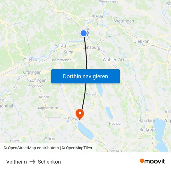 Veltheim to Schenkon map