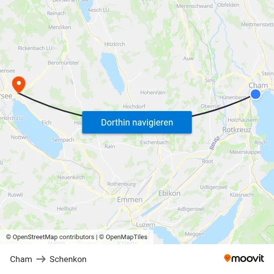 Cham to Schenkon map