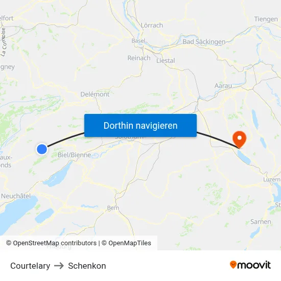 Courtelary to Schenkon map