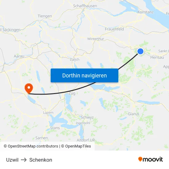 Uzwil to Schenkon map