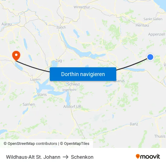Wildhaus-Alt St. Johann to Schenkon map
