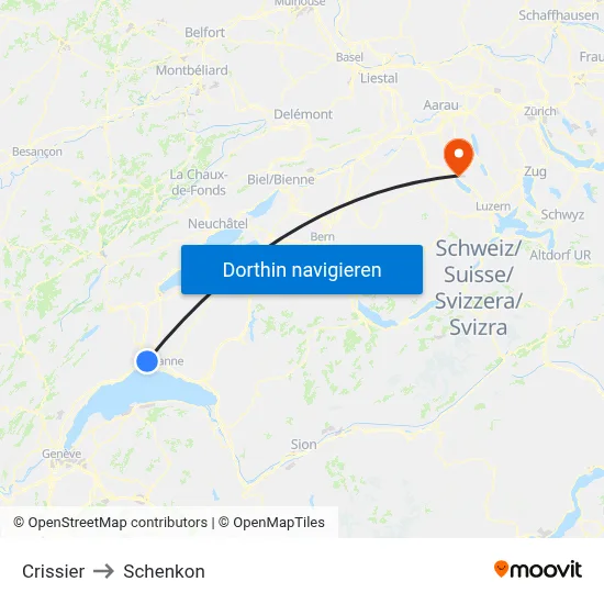 Crissier to Schenkon map