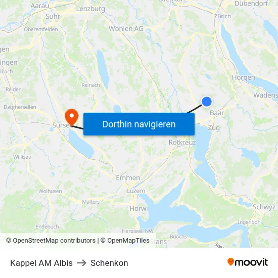 Kappel AM Albis to Schenkon map