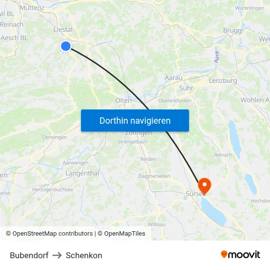 Bubendorf to Schenkon map