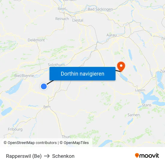 Rapperswil (Be) to Schenkon map