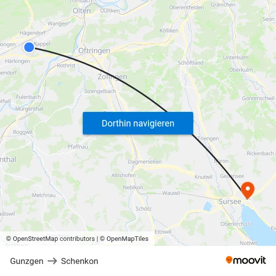 Gunzgen to Schenkon map