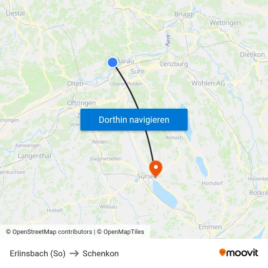 Erlinsbach (So) to Schenkon map