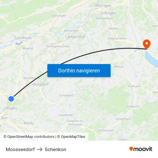 Moosseedorf to Schenkon map