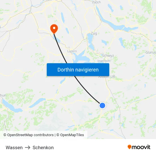 Wassen to Schenkon map