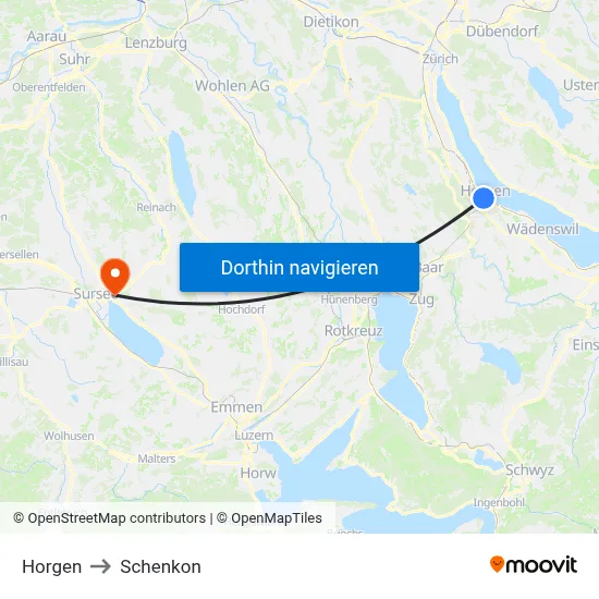Horgen to Schenkon map