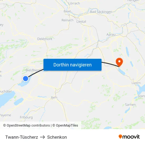 Twann-Tüscherz to Schenkon map