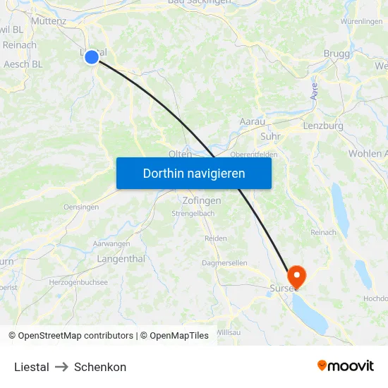 Liestal to Schenkon map