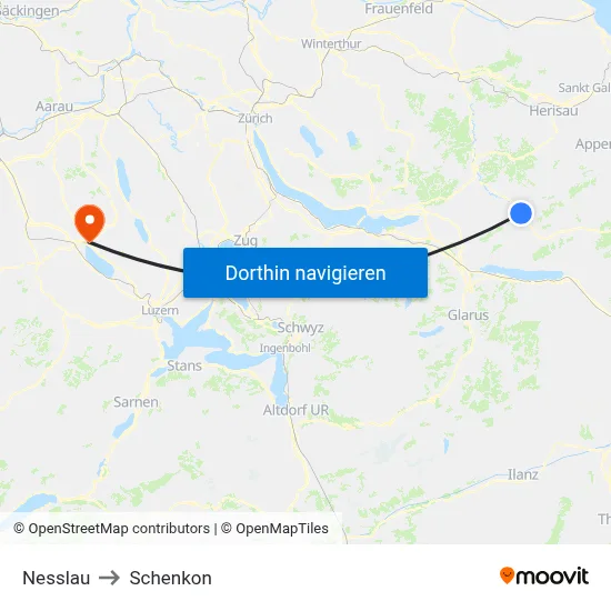 Nesslau to Schenkon map