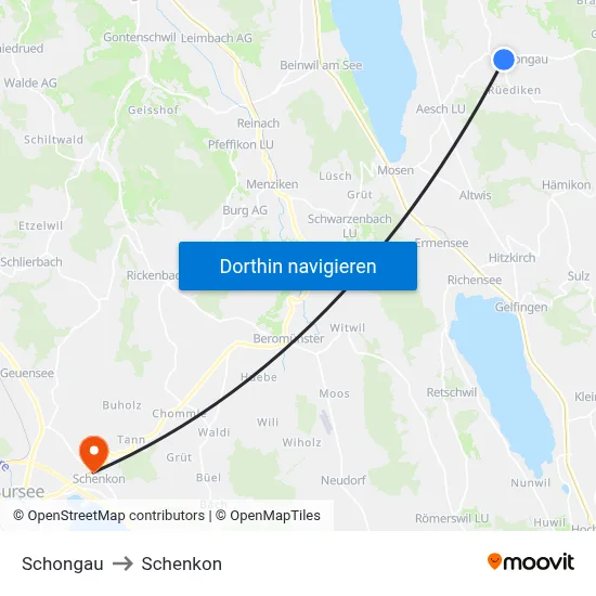 Schongau to Schenkon map