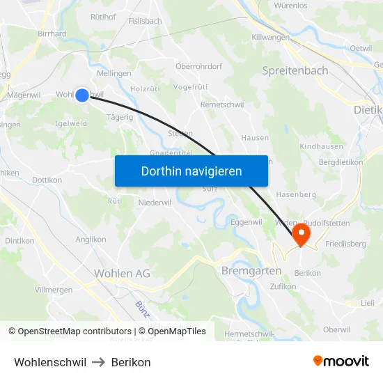 Wohlenschwil to Berikon map