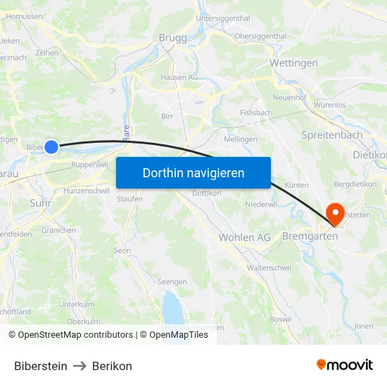 Biberstein to Berikon map