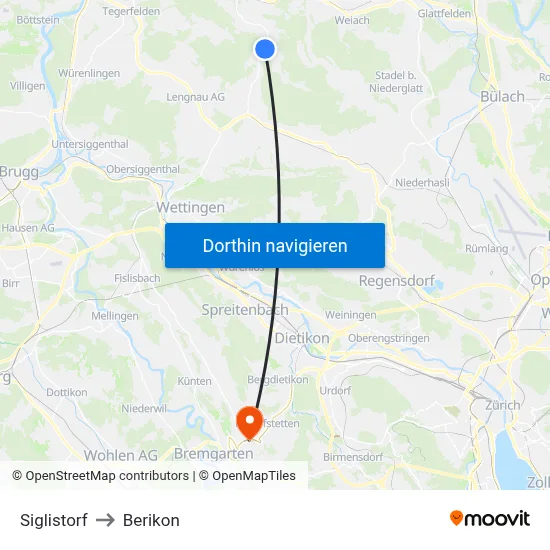 Siglistorf to Berikon map