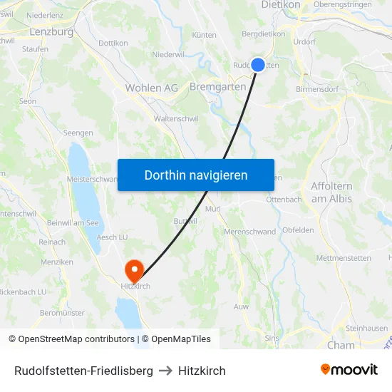 Rudolfstetten-Friedlisberg to Hitzkirch map