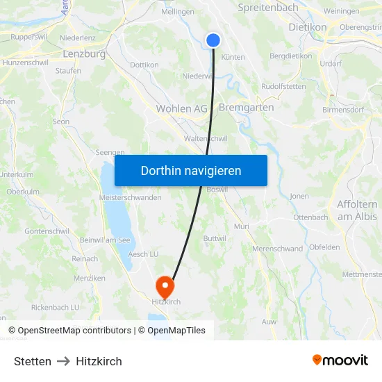 Stetten to Hitzkirch map