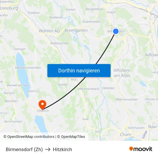 Birmensdorf (Zh) to Hitzkirch map