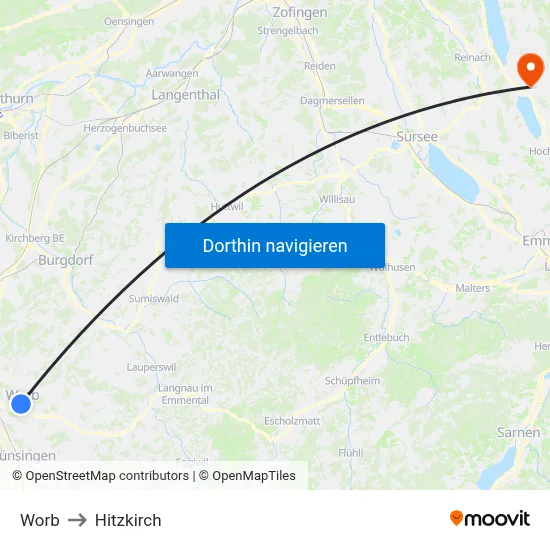 Worb to Hitzkirch map