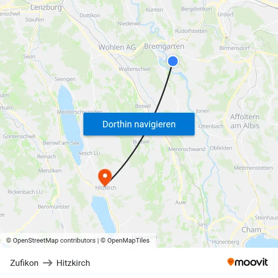 Zufikon to Hitzkirch map