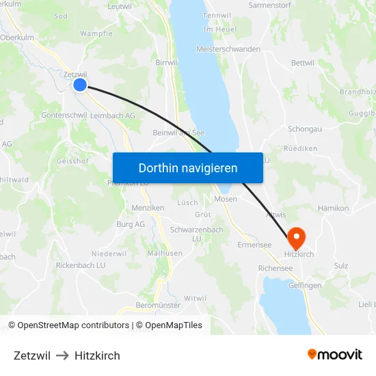 Zetzwil to Hitzkirch map