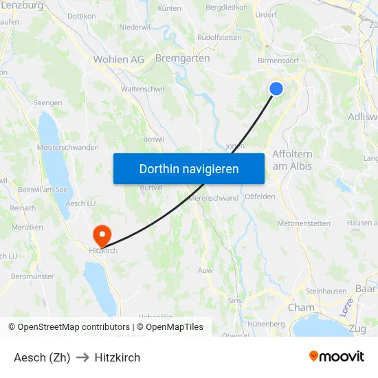 Aesch (Zh) to Hitzkirch map