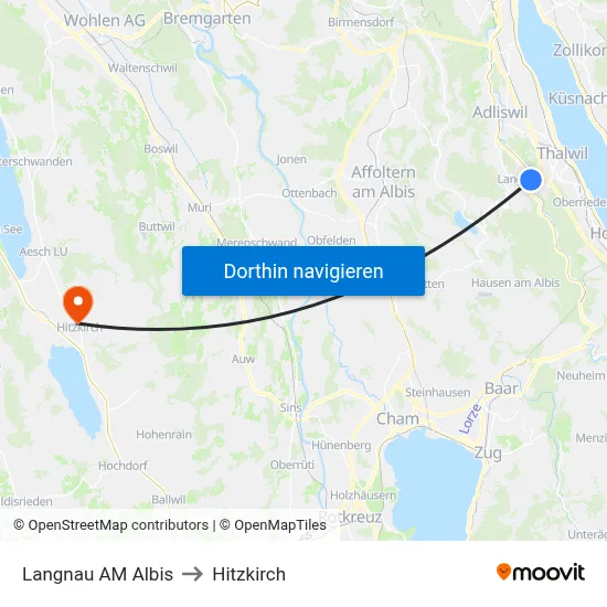 Langnau AM Albis to Hitzkirch map