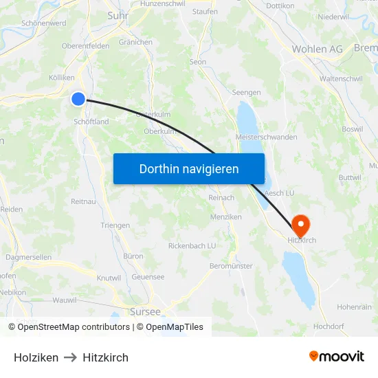 Holziken to Hitzkirch map