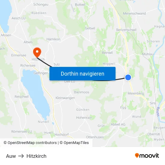 Auw to Hitzkirch map