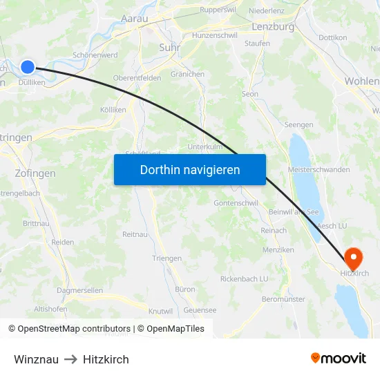 Winznau to Hitzkirch map