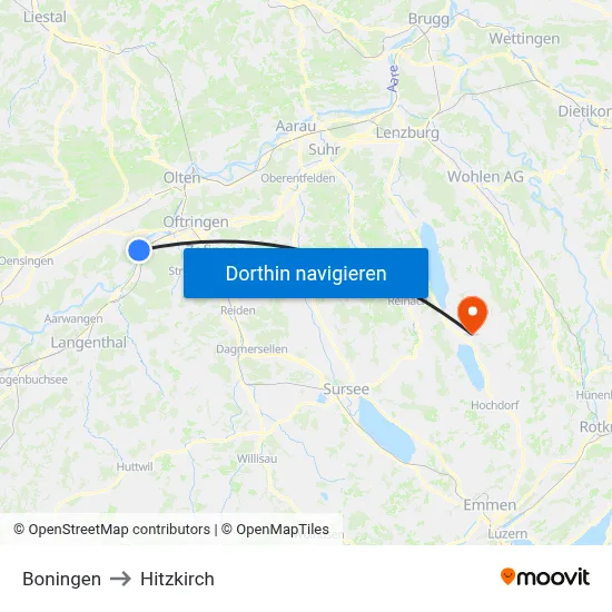 Boningen to Hitzkirch map