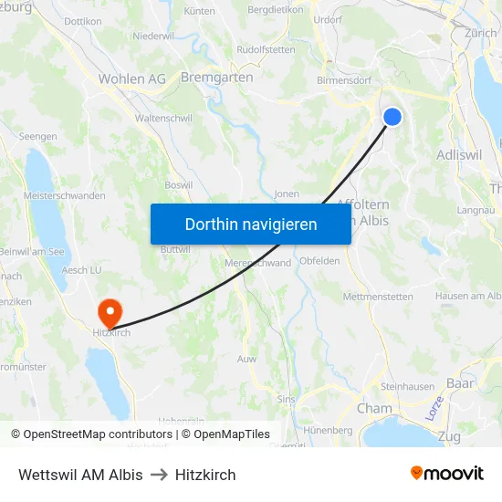 Wettswil AM Albis to Hitzkirch map