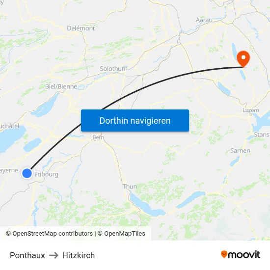 Ponthaux to Hitzkirch map