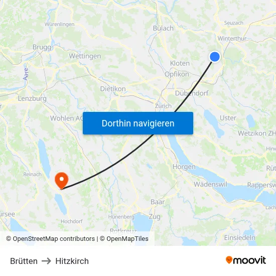 Brütten to Hitzkirch map