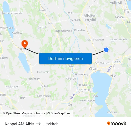 Kappel AM Albis to Hitzkirch map