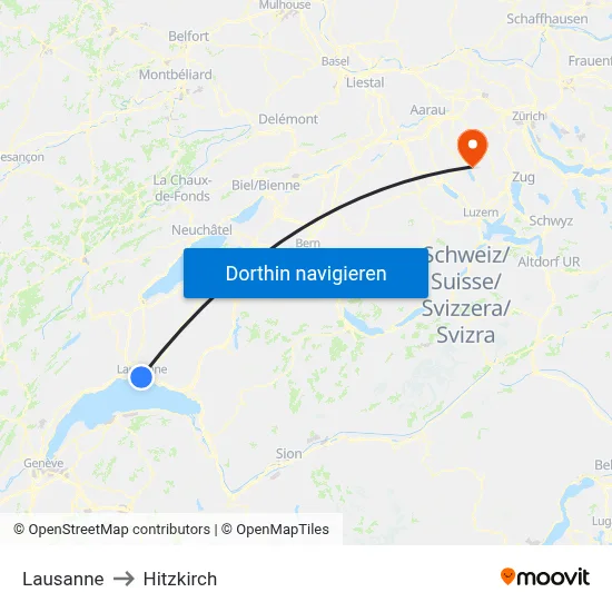 Lausanne to Hitzkirch map