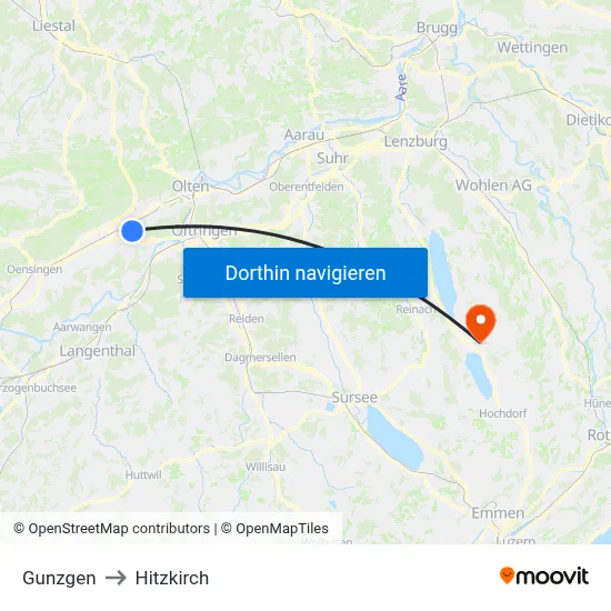 Gunzgen to Hitzkirch map
