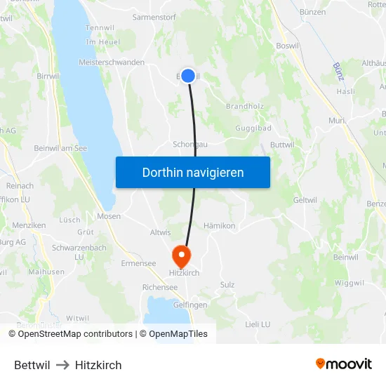 Bettwil to Hitzkirch map