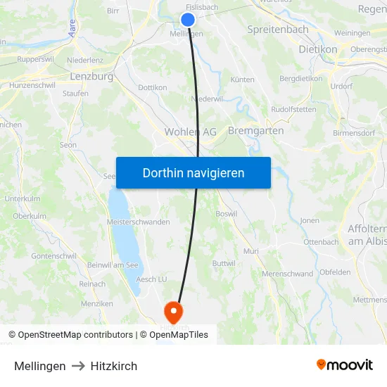 Mellingen to Hitzkirch map