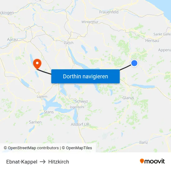Ebnat-Kappel to Hitzkirch map