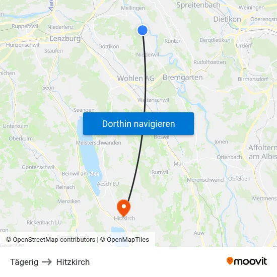 Tägerig to Hitzkirch map
